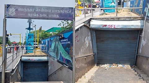 Waste accumulated outside the closed entrance of the subway near Bharathi Salai 