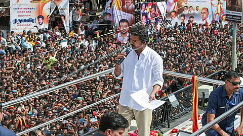 TVK leader Vijay addressing the people during the 2026 TN election campaign