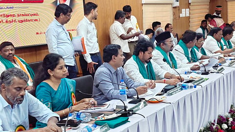 Minister R Vinoth presides over the pre-agriculture budget consultation meeting in Thanjavur on Friday