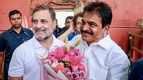 Congress leader Rahul Gandhi being felicitated by party leader KC Venugopal during his 56th birthday celebrations, at AICC headquarters, in New Delhi. Party leader Priyanka Gandhi is also seen
