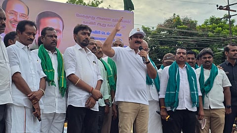 PMK president Anbumani Ramadoss at a rally against Karnataka in Karur on Friday