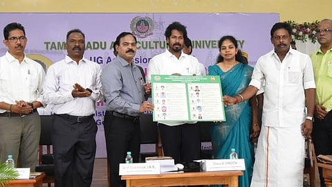 Agriculture Minister R Vinoth releases the rank list at Dr Swaminathan Agriculture College and Research Centre at Eachangadu on Friday