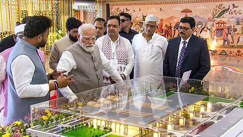 Prime Minister Narendra Modi, Rajasthan Governor Haribhau Bagde, Union Civil Aviation Minister K Rammohan Naidu, Union Culture and Tourism Minister Gajendra Singh Shekhawat, Chief Minister Bhajanlal Sharma and others during the inauguration of the new terminal building of Jodhpur Airport