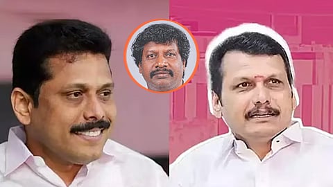 L-R: V Senthilbalaji, his brother RV Ashok Kumar; centre: TVK MLA N Elaiyaraja