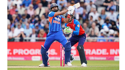 India's captain Shreyas Iyer hits a six during the second T20 cricket match between England and India in Manchester, England, Saturday, July 4, 2026