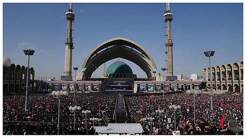 A crowd attends the start of the dayslong funeral ceremonies at the Imam Khomeini Mosalla Grand Mosque in Tehran, Iran.