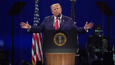 President Donald Trump speaks at Salute to America, an Independence Day event honoring the nation's 250th anniversary, Saturday, July 4, 2026, on the National Mall in Washington.