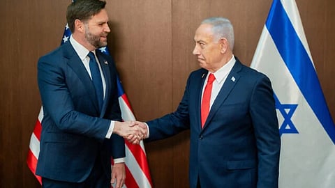 US Vice President JD Vance, left, meets with Prime Minister Benjamin Netanyahu at the Prime Minister's Office in Jerusalem