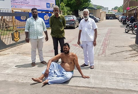 Farmer Ramu stages a sit-in protest in Thanjavur on Tuesday

