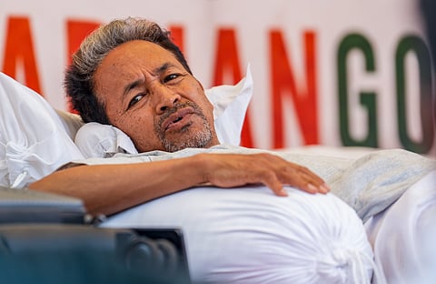 Climate activist Sonam Wangchuk during a hunger strike by Cockroach Janata Party (CJP) demanding action over alleged irregularities in examinations and seeking the resignation of Union Education Minister Dharmendra Pradhan, at Jantar Mantar in New Delhi, Tuesday, July 7, 2026. 