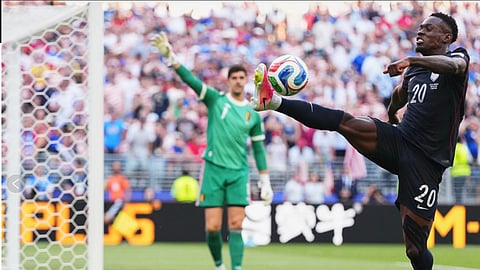 United States’ Folarin Balogun tries to control the ball during the World Cup round of 16 soccer match against Belgium in Seattle, Monday, July 6, 2026. (A