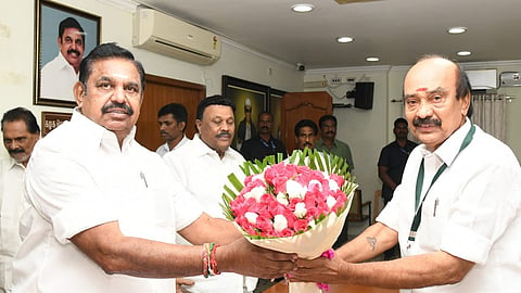 Edappadi Palaniswami being greeted during the consultative meeting with Tirunelveli and Tiruchy party functionaries on Wednesday 