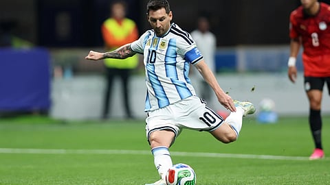 Argentina's Lionel Messi shoots a penalty kick and fails to score during the World Cup round of 16 soccer match between Argentina and Egypt in Atlanta
