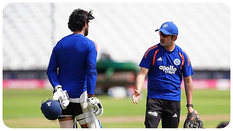 India's Tilak Varma, left, talks to the head coach Gautam Gambhir during a nets session in Nottingham, England, on Monday, July 6, 2026.