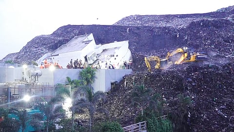 A three-storey administrative building collapsed at the Pimpri Chinchwad Municipal Corporation's waste-to-energy plant in Moshi following heavy rainfall, in Pune, Thursday, July 9, 2026