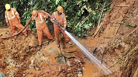 Search and rescue operation underway at the site of the landslide that struck the under-construction Anakkampoyil-Kalladi-Meppadi twin tunnel project, in Wayanad district.