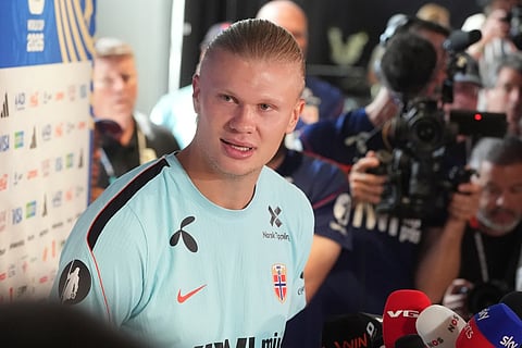 Norway's Erling Haaland smiles during a news ahead of their quarterfinal World Cup soccer match against England Thursday, July 9, 2026, in Fort Lauderdale, Fla. 