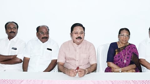 AMMK general secretary TTV Dhinakaran addressing media persons in Madurai on Saturday