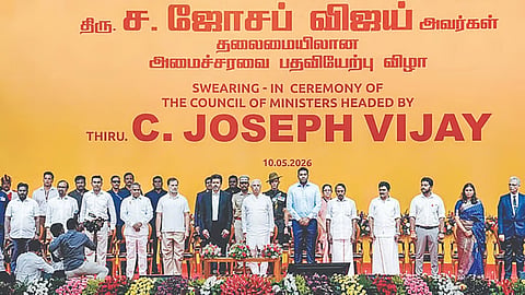 Tamil Nadu Governor Rajendra Arlekar along with Congress MP and Lok Sabha LoP Rahul Gandhi, newly-elected state Chief Minister and Tamilaga Vettri Kazhagam (TVK) chief C Joseph Vijay, Cabinet Ministers and others during the swearing-in ceremony, at Jawaharlal Nehru Stadium, in Chennai, Sunday, May 9, 2026