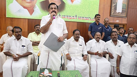 AIADMK general secretary Edappadi K Palaniswami addressing the party functionary meeting in Salem on Sunday