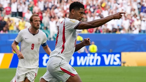 England’s Jude Bellingham celebrates after scoring his side’s first goal during the World Cup quarterfinal soccer match between Norway and England in Miami Gardens, Fla.