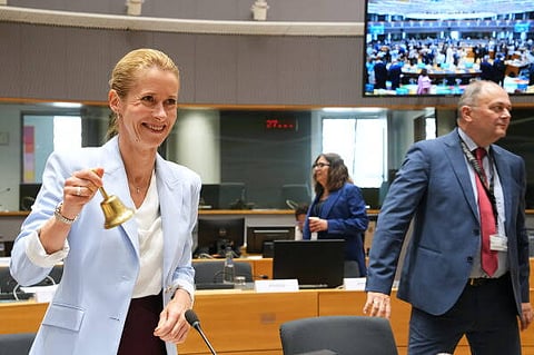 European Union foreign policy chief Kaja Kallas, left, speaks with Cypriot Foreign Minister Constantinos Kombos, center, during a round table meeting of EU foreign ministers in Brussels, Monday, July 13, 2026.
