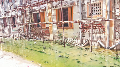 Sewage overflows along a building in Okkiyam Thoraipakkam