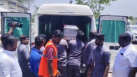 The bodies being taken in ambulances from Coimbatore.