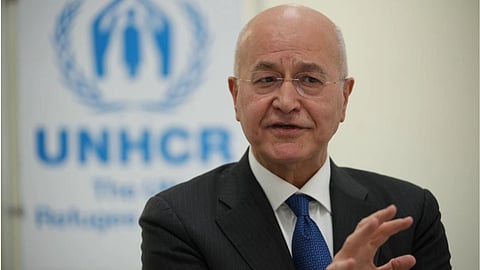 UNCHR High Commissioner Barham Salih talks during an interview with The Associated Press, in Rome.