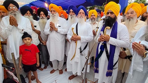 Akal Takht Jathedar Giani Kuldeep Singh Gargaj leads a special prayer ceremony in memory of human rights activist Jaswant Singh Khalra and others who were killed during the militancy period, at Harike, in Tarn Taran district, Punjab, Tuesday, July 14, 2026