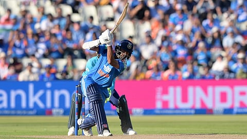 India's Washington Sundar hits a six during the first ODI cricket match between England and India in Birmingham, England, Tuesday, July 14, 2026