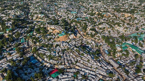 An aerial view of a Rohingya refugee camp, home to over a million of Myanmar’s persecuted Rohingya minority, in Cox’s Bazar, Bangladesh.