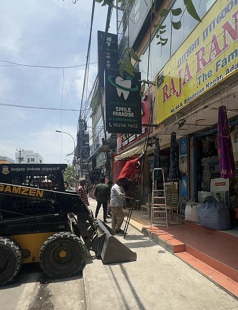 Footpath encroachments removed on Brindavan Nagar Main in Adambakkam