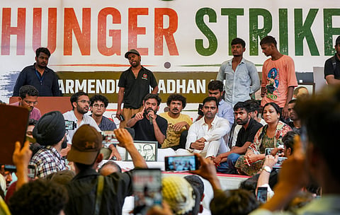 New Delhi: Supporters of the Cockroach Janata Party (CJP) at Jantar Mantar after activist Sonam Wangchuk, unseen, who has been on an indefinite hunger strike for 21 days, was shifted to a hospital for medical care, in New Delhi, Saturday, July 18, 2026.