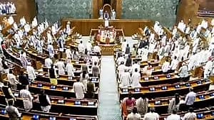 Lok Sabha Speaker Om Birla and MPs stand for the national anthem in Lok Sabha on the first day of the Monsoon Session of Parliament, in New Delhi on Monday.