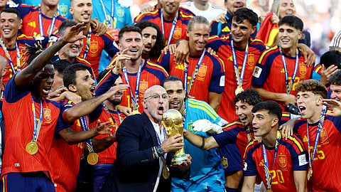 Spain players celebrate after the World Cup final soccer match between Spain and Argentina in East Rutherford, N.J., near New York, Sunday, July
19 , 2026