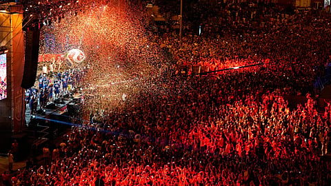 Players from Spain’s national soccer team celebrate at Cibeles Square in Madrid