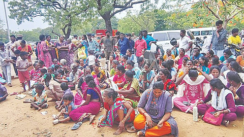More than 100 homeless from Periamet sitting outside Secretariat on Tuesday to submit a petition to CM Joseph Vijay
