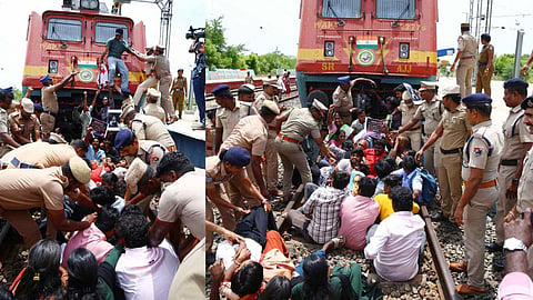Members of student groups during the protest at Tirupparankundram on Thursday