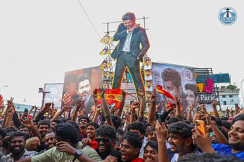 Fans gathered at Rohini Theatre in Chennai to celebrate the release of CMVijay’s final film, JanaNayagan, on July 23. The venue witnessed festive scenes with dancing, banners & cheering as fans marked the film’s release.