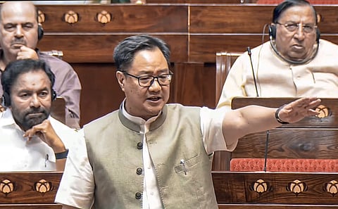 Union Parliamentary Affairs Minister Kiren Rijiju speaks in the Rajya Sabha during the Monsoon session of Parliament, in New Delhi, Thursday, July 23, 2026.