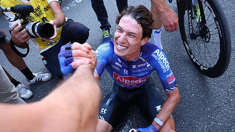 Belgium's Jasper Philipsen reacts after winning the seventeenth stage of the Tour de France cycling race, with start in Chambery and finish in Voiron France