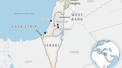 This is a locator map of Israel and the Palestinian Territories. 