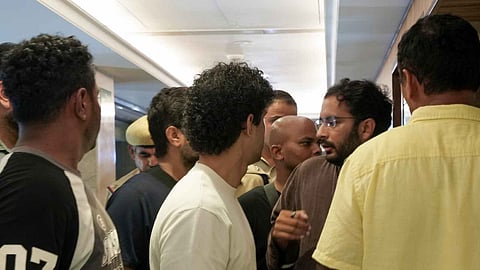Cockroach Janata Party (CJP) spokespersons Saurav Das and Ashutosh Ranka leave after a meeting with Union Ministers JP Nadda and Jitendra Singh, at the Vithalbhai Patel House, in New Delhi, Friday, July 24, 2026