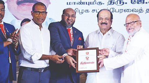 Speaker JCD Prabhakar being felicitated after the inauguration of the Tamilar 4.0 Global Business Summit on Friday