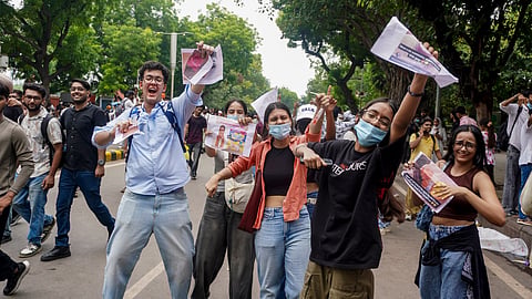 Cockroach Janta Party (CJP) supporters during a protest over examination irregularities, at Jantar Mantar in New Delhi