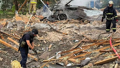 This photo provided by the Ukrainian Emergency Service, shows the site of Russian missile strikes in Kyiv region, Ukraine.