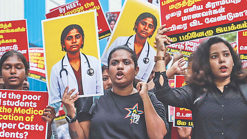 Members of the May 17 Movement staging a protest against NEET near Shastri Bhavan in Chennai