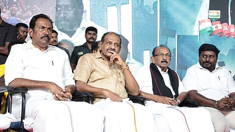 Ministers Rajmohan with the TVK alleis during the protest in T Nagar.