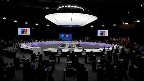 A general view of the Meeting of the North Atlantic Council Session with fellow heads of state at the NATO summit at the IFEMA arena in Madrid.